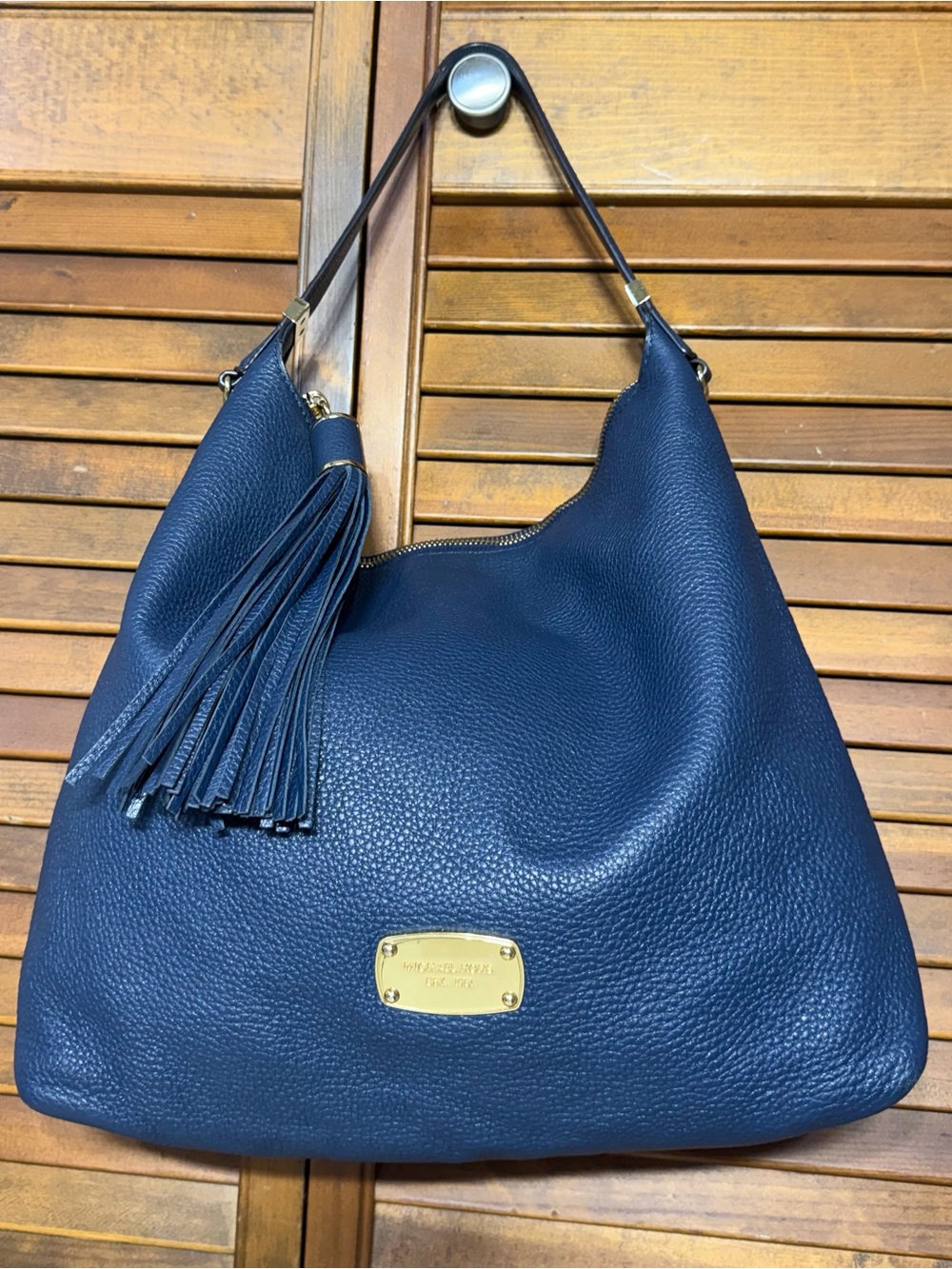 Michael Kors Navy Pebbled Leather Hobo with Tassel